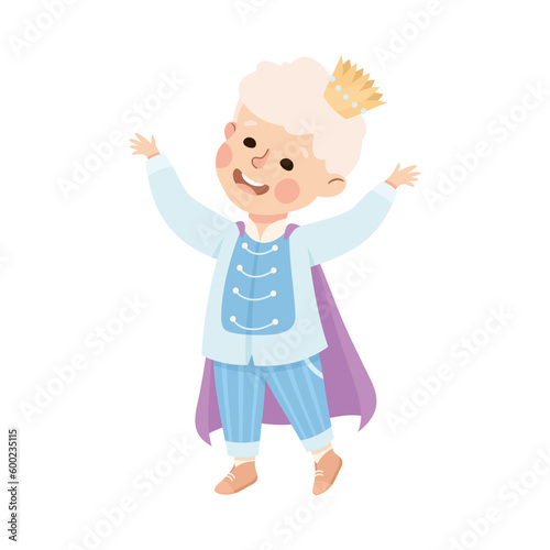 Little Boy Actor in Theater Costume of Prince with Crown Showing Performance Vector Illustration