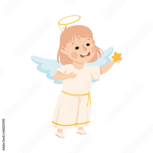 Little Girl Actress in Theater Costume of Angel with Wings and Nimbus Showing Performance Vector Illustration