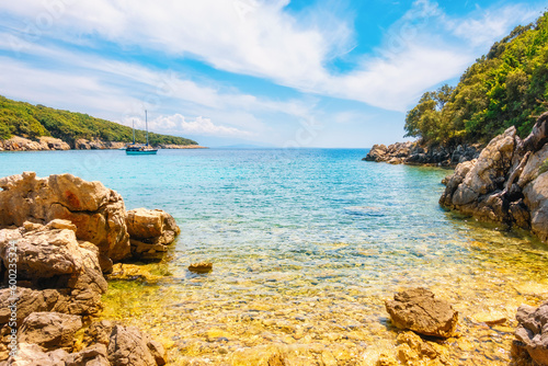 Awesome view of the tropical blue lagoon on a sunny day. Cres island, Croatia, Europe.