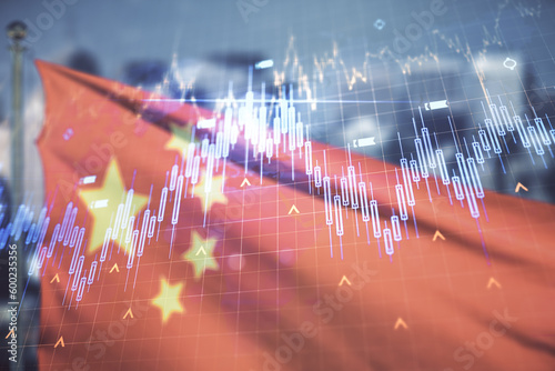 Photography Double exposure of abstract creative financial diagram and world map on Chinese