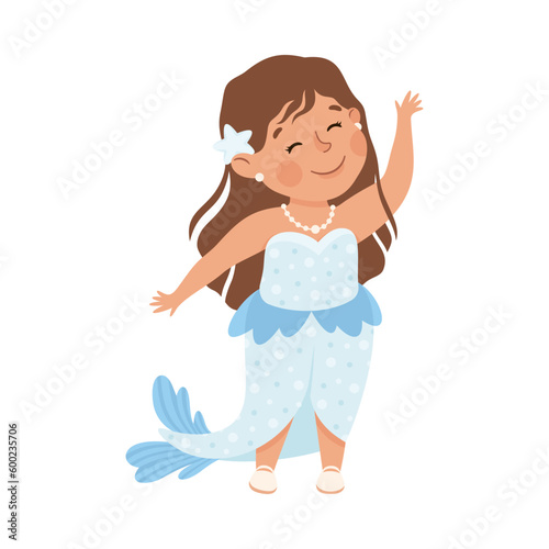 Little Girl Actress in Theater Costume of Mermaid with Fish Tail Showing Performance Vector Illustration
