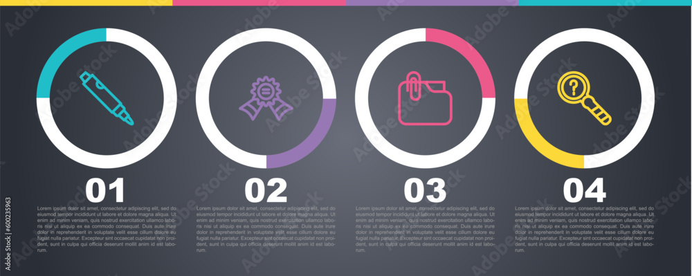 Set line Marker pen, Medal, Document folder with clip and Unknown search. Business infographic template. Vector Set line Marker pen, Medal, Document folder with clip and Unknown search. Business infographic template. Vector