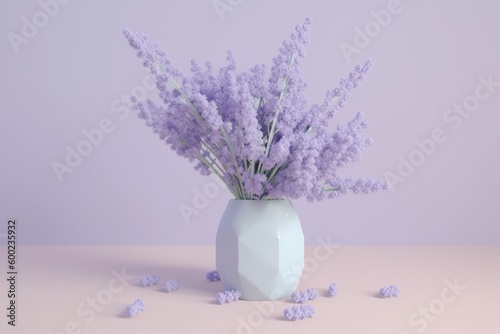 3d minimalistic lavender flowers in vase on pastel background. AI generated