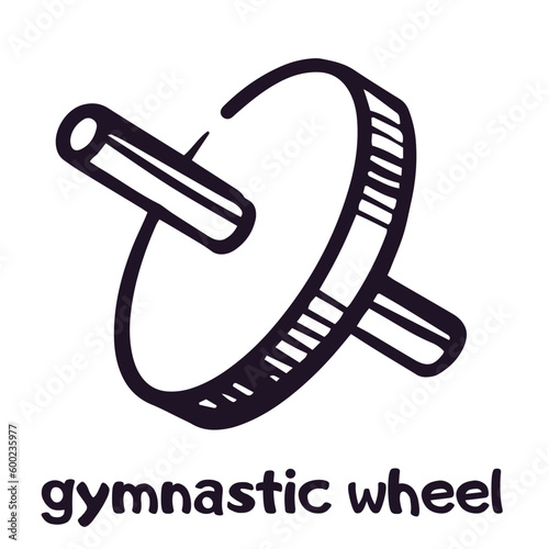 Gymnastic wheel sign, fitness, athletics emblem. Vector doodle sport equipment logotype isolated. Outline illustration.