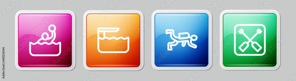 Set line Water polo, Diving board or springboard, Scuba diver and Paddle. Colorful square button. Vector Set line Water polo, Diving board or springboard, Scuba diver and Paddle. Colorful square button. Vector