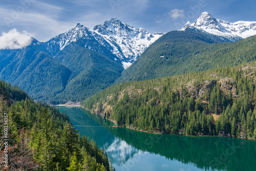 Landscape of the Thunder Arm of Diablo Lake in the Snowcapped North Cascades Mountains and Forest in Whatcom County  Washington  USA