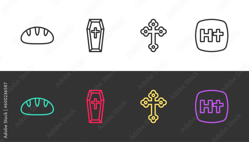 Set line Christian bread, Coffin, cross and on black and white. Vector