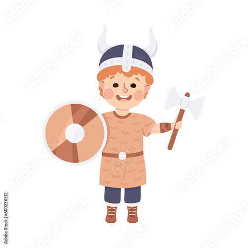 Little Boy Actor in Theater Costume of Viking with Shield and Axe Showing Performance Vector Illustration