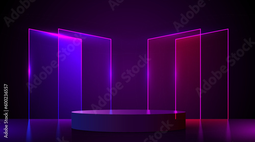 Abstract neon futuristic podium background. Product presentation, mock up, show cosmetic product, Podium, stage pedestal or platform.