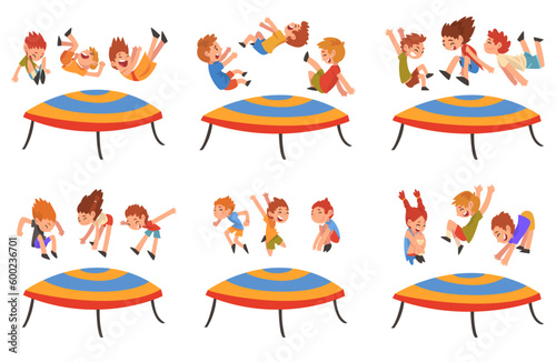 Kids Jumping on Trampoline Bouncing and Having Fun Vector Set