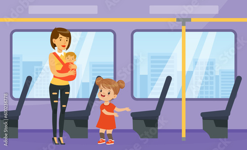 Polite little girl offering seat in transport to young woman with baby. Well mannered kid, good manners and respect cartoon vector