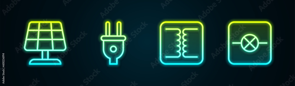 Set line Solar energy panel, Electric plug, Electrical transformer and Lamp in electronic circuit. Glowing neon icon. Vector Set line Solar energy panel, Electric plug, Electrical transformer and Lamp in electronic circuit. Glowing neon icon. Vector