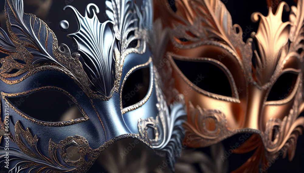 Naklejka premium Elegant costume masquerade blue and copper masks grouping closeup luxurious photography style for beautiful festive holiday invitations announcements flyers (generative AI, AI) 