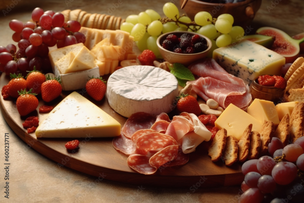 Assorted cheese and meat appetizers.