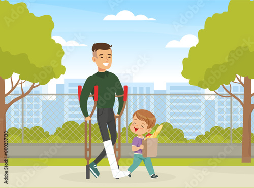 Polite little boy helping disabled man carry shopping bag. Well mannered kid, good manners and respect cartoon vector