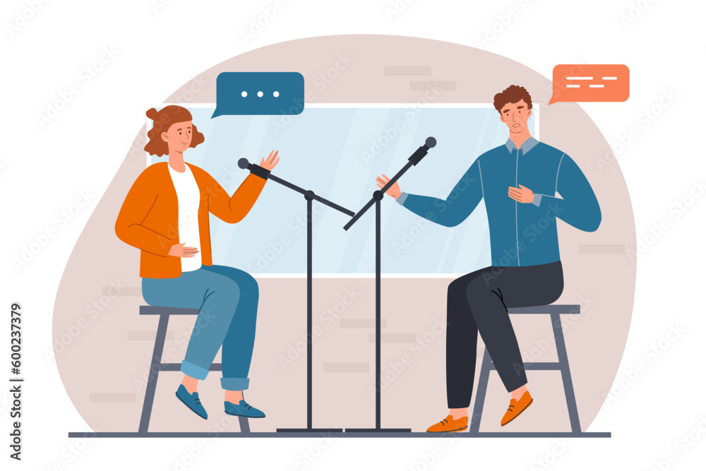Radio hosts concept. Man and woman sit near microphone stands. Popular personalities create interesting content. On air stream, live. Discussion, dialogue with guest. Cartoon flat vector illustration