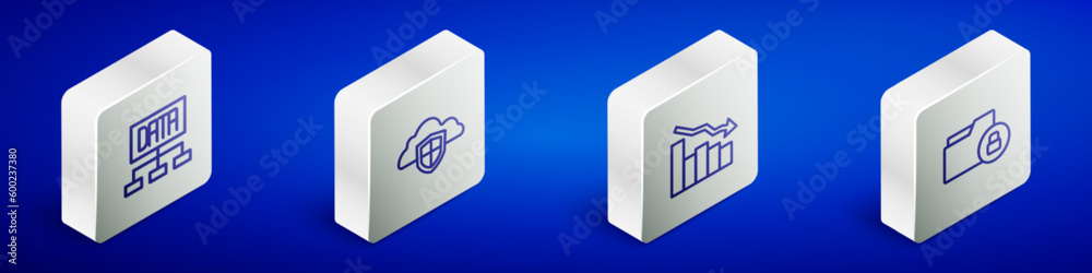 Set Isometric line Data analysis, Cloud and shield, Financial growth decrease and Folder lock icon. Vector Set Isometric line Data analysis, Cloud and shield, Financial growth decrease and Folder lock icon. Vector