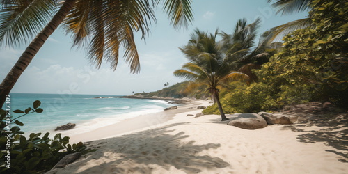 Tropischer Palmenstrand mit Blick aufs Meer blauer Himmel und Sonnenschein Hintergrund Bild - mit KI erstellt 