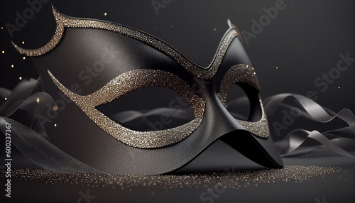 Elegant costume masquerade black mask w ribbons luxurious backdrop of glitter, sparkle, photography style for beautiful festive holiday invitations announcements flyers (generative AI, AI) 
