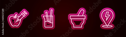 Set line Genetically modified apple, Laboratory glassware, Mortar and pestle and Lightning bolt. Glowing neon icon. Vector