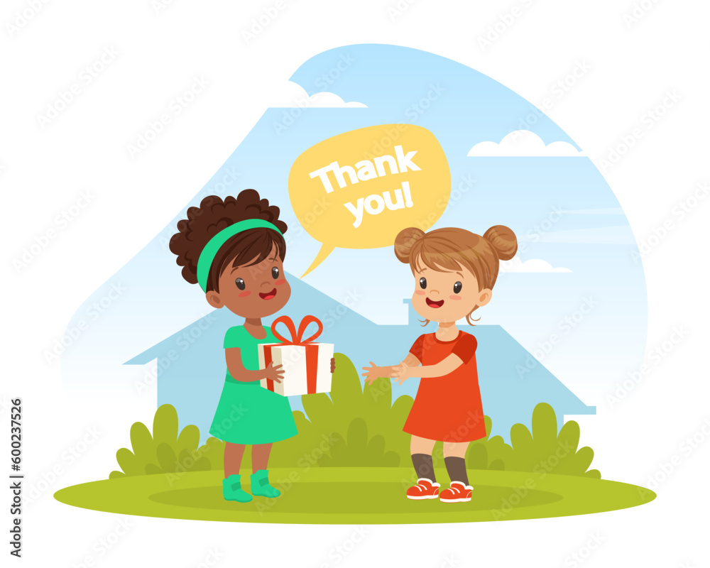 Polite little girl thanking her friend for gift. Well mannered kid, good manners and respect cartoon vector