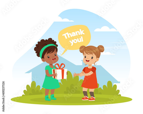 Polite little girl thanking her friend for gift. Well mannered kid, good manners and respect cartoon vector