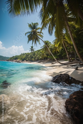 Kokosnusspalmen am tropischen Strand Sonnenschein und blauer Himmel mit KI erstellt