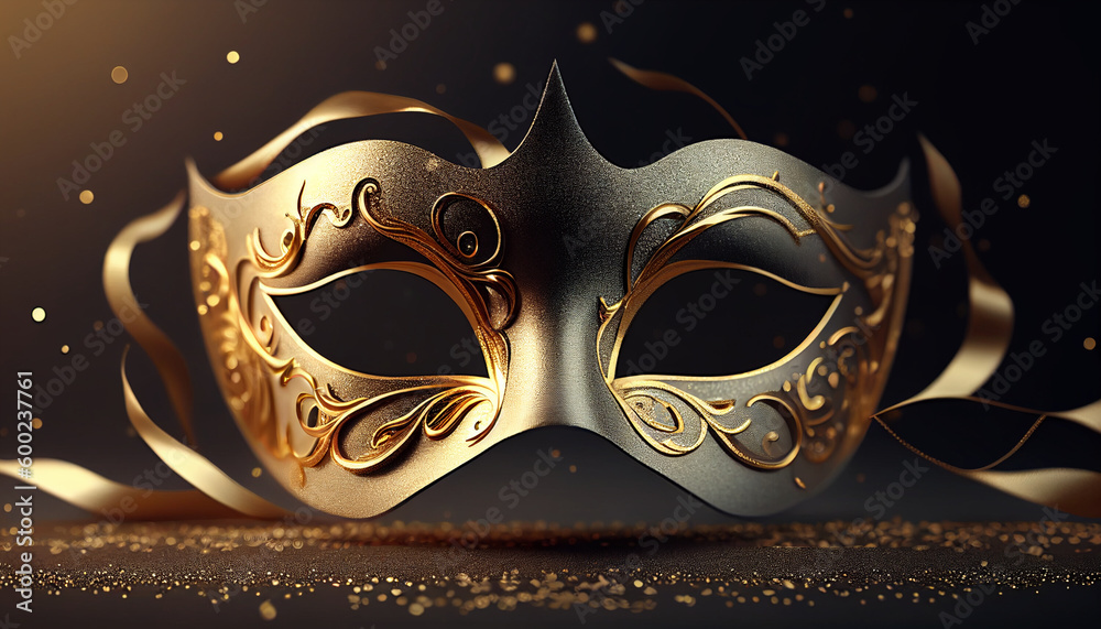 Elegant costume masquerade golden gold mask w ribbons luxurious backdrop of glitter, sparkle, photography style for beautiful festive holiday invitations announcements flyers (generative AI, AI) Elegant costume masquerade golden gold mask w ribbons luxurious backdrop of glitter, sparkle, photography style for beautiful festive holiday invitations announcements flyers (generative AI, AI)