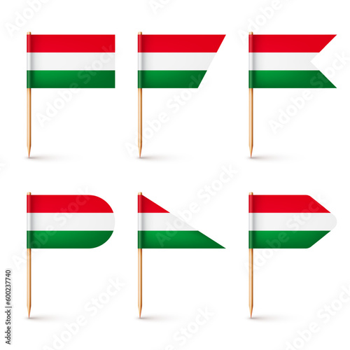 Realistic various Hungarian toothpick flags. Souvenir from Hungary. Wooden toothpicks with paper flag. Location mark, map pointer. Blank mockup for advertising and promotions. Vector illustration
