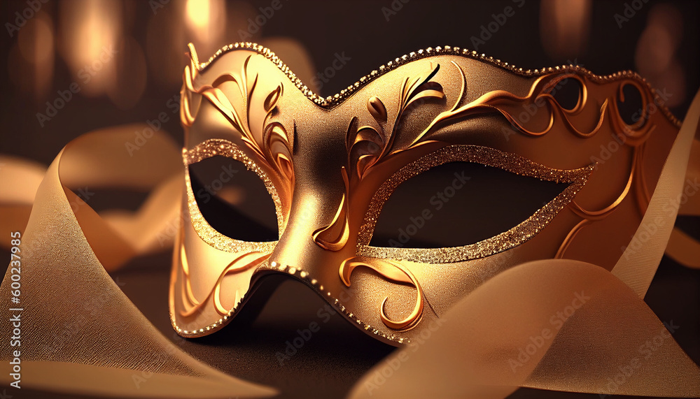 Elegant costume masquerade golden gold mask w ribbons luxurious backdrop of glitter, sparkle, photography style for beautiful festive holiday invitations announcements flyers (generative AI, AI) 