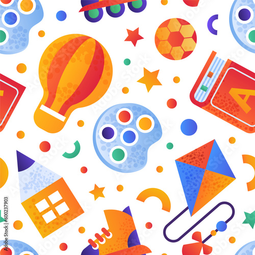 Kids Land Club Seamless Pattern with Bright Toy and Childish Entertainment Objects for Playing Vector Template