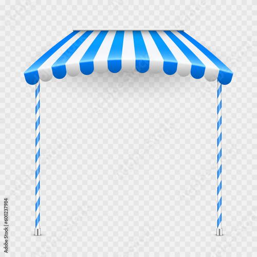 Blue shop sunshade with stand holders. Realistic striped cafe awning. Outdoor market tent. Roof canopy. Summer street store. Vector illustration