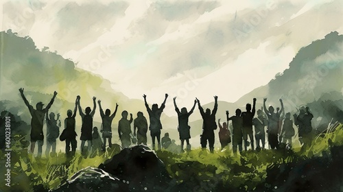 Vászonkép people praying, worship, pray for the day, colorful watercolor illustration