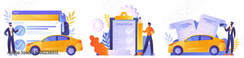 Set of auto insurance. Scenes of men with documents and vehicle. Deal and successful negotiations, insurance agent with client. Cartoon flat vector illustrations isolated on white background