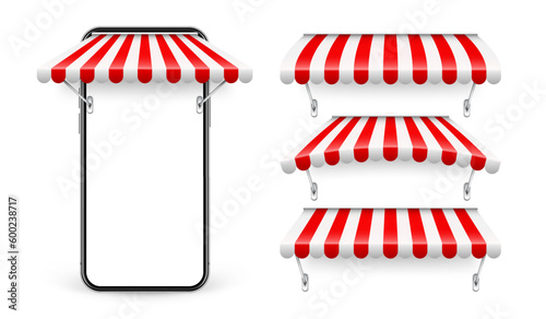 Smartphone with shop sunshade and metal mount, online internet shopping. Realistic red striped cafe awning. Outdoor market tent. Roof canopy. Summer street store. Vector illustration