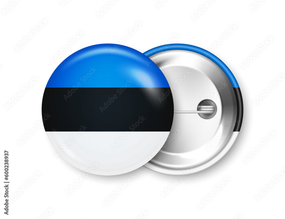 Realistic button badge with printed Estonian flag. Souvenir from Estonia. Glossy pin badge with shiny metal clasp. Product mockup for advertising and promotion. Vector illustration