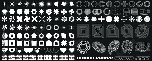 Big set of futuristic design elements in retro style. Collection of abstract graphic, geometric symbols and objects in 2000 style. Designs and templates for notes, posters, banners, stickers, business