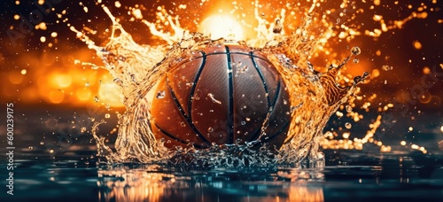 Close-up view of glowing basketball ball on wet floor and 3d court with generative AI