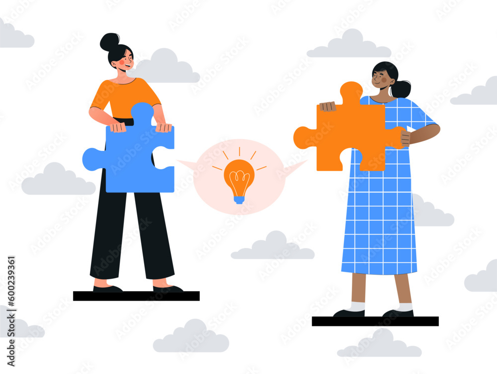 Connecting puzzle concept. Teamwork metaphor. Collaboration and cooperation, teamwork and partnership. Brainstorming, insight and idea. Communication and interaction. Cartoon flat vector illustration