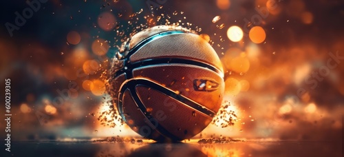 Close-up view of glowing basketball ball on wet floor and 3d court with generative AI