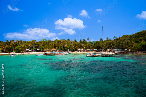 Excursion boats and beach of the Island May Rut Trong,near the island of Phu Quoc, Vietnam, Asia