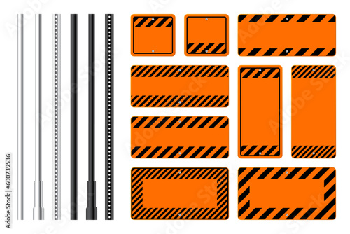 Warning, danger signs, attention banners with metal poles. Blank orange caution sign, construction site signage. Notice signboard, warning banner, road shield. Vector illustration