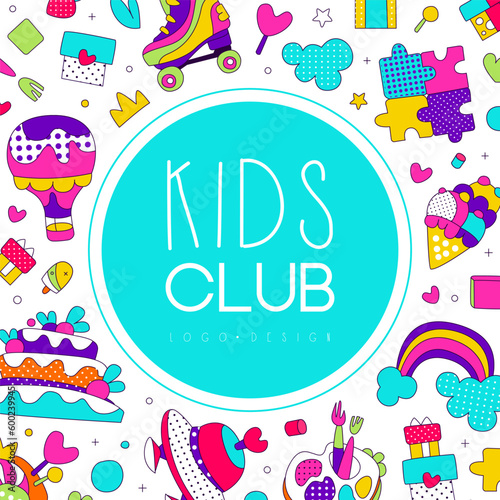 Kids club banner template. Education club, games party, fun playing zone poster, card design vector illustration