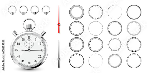 Classic stopwatch with clock faces. Shiny metal chronometer, time counter with dial. Countdown timer showing minutes and seconds. Time measurement for sport, start and finish. Vector illustration photo