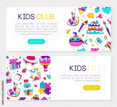 Kids club landing page templates design set. Kids life, smart children education club website banner vector illustration