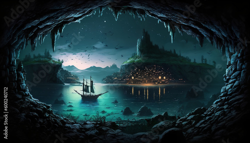 Vászonkép an underground ocean  a pirate ship in the foreground