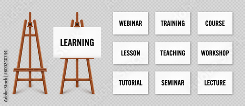 Realistic paint desk with text on white canvas. Wooden easel and a sheet of drawing paper. Presentation board on a tripod. Online studying, e-learning and education, web tutorial. Vector illustration