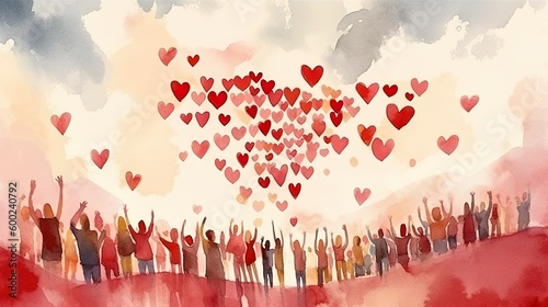Diverse people with arms and hands raised towards hand painted hearts. Charity donation, volunteer work, support, assistance. Multicultural community. People diversity. Generative AI 