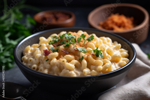 A bowl of creamy macaroni and cheese with bacon bits and parsley on top AI-generated art, Generative AI, illustration,
