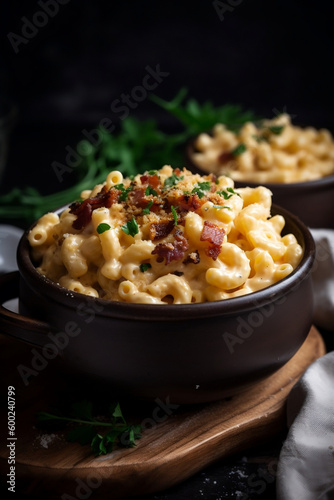A bowl of creamy macaroni and cheese with bacon bits and parsley on top AI-generated art, Generative AI, illustration,
